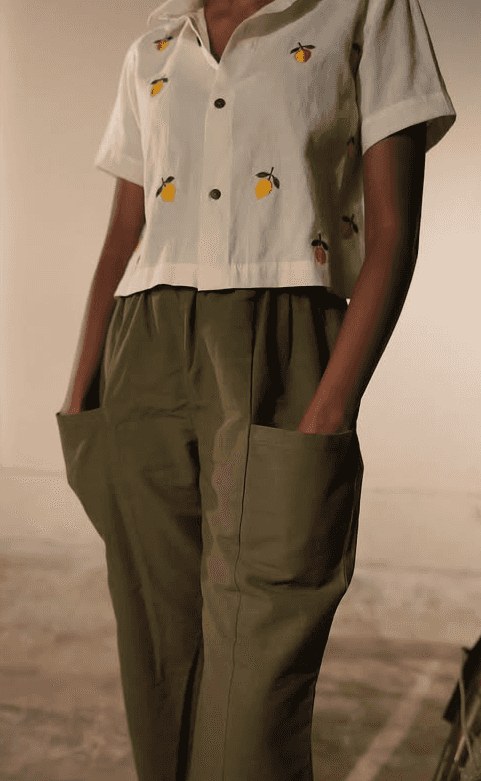 Citrus crop shirt and green trousers alternate